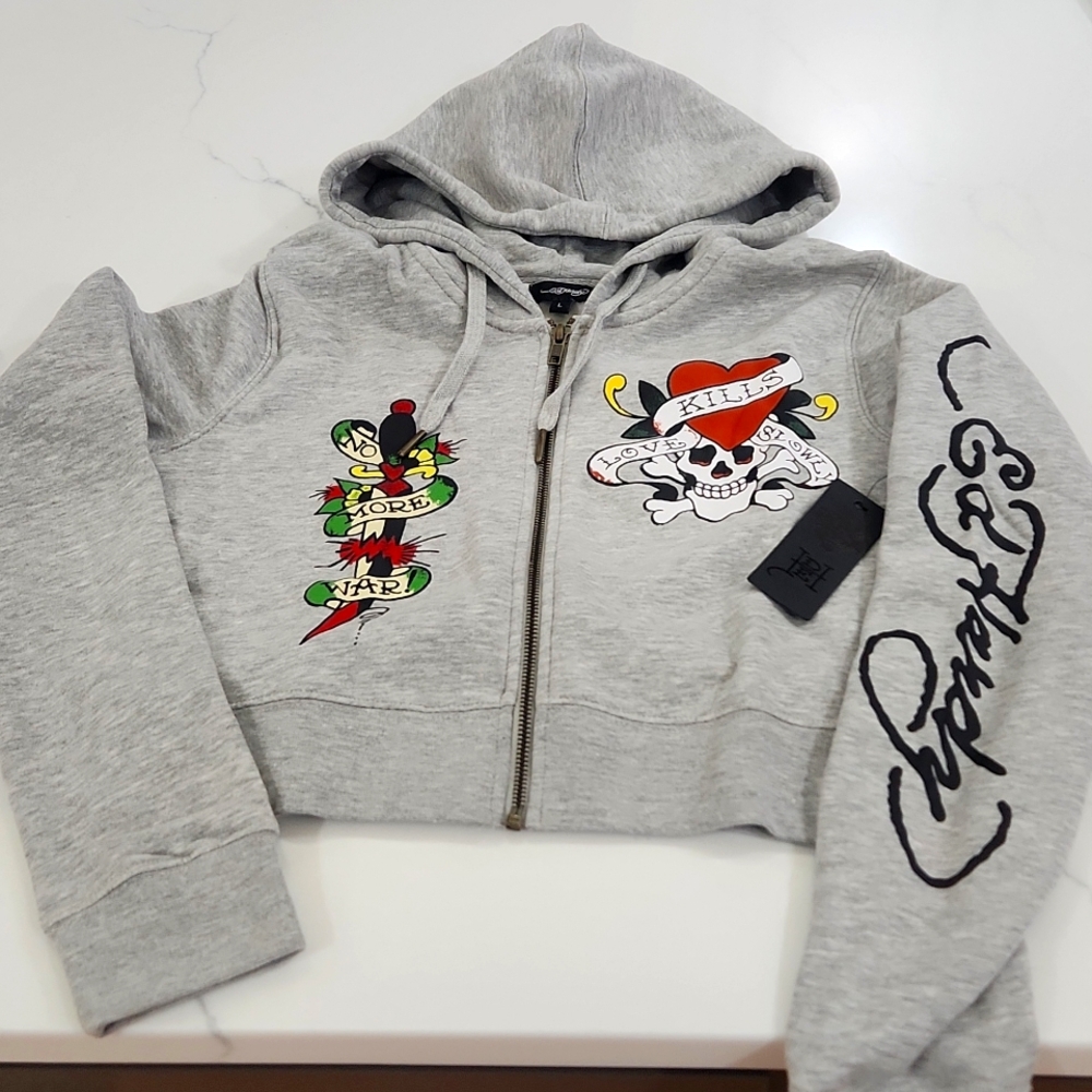 Ed Hardy Women Skull Dagger Love Kills Slowly Zip Crop Hoodie Gray M EHW1800-38